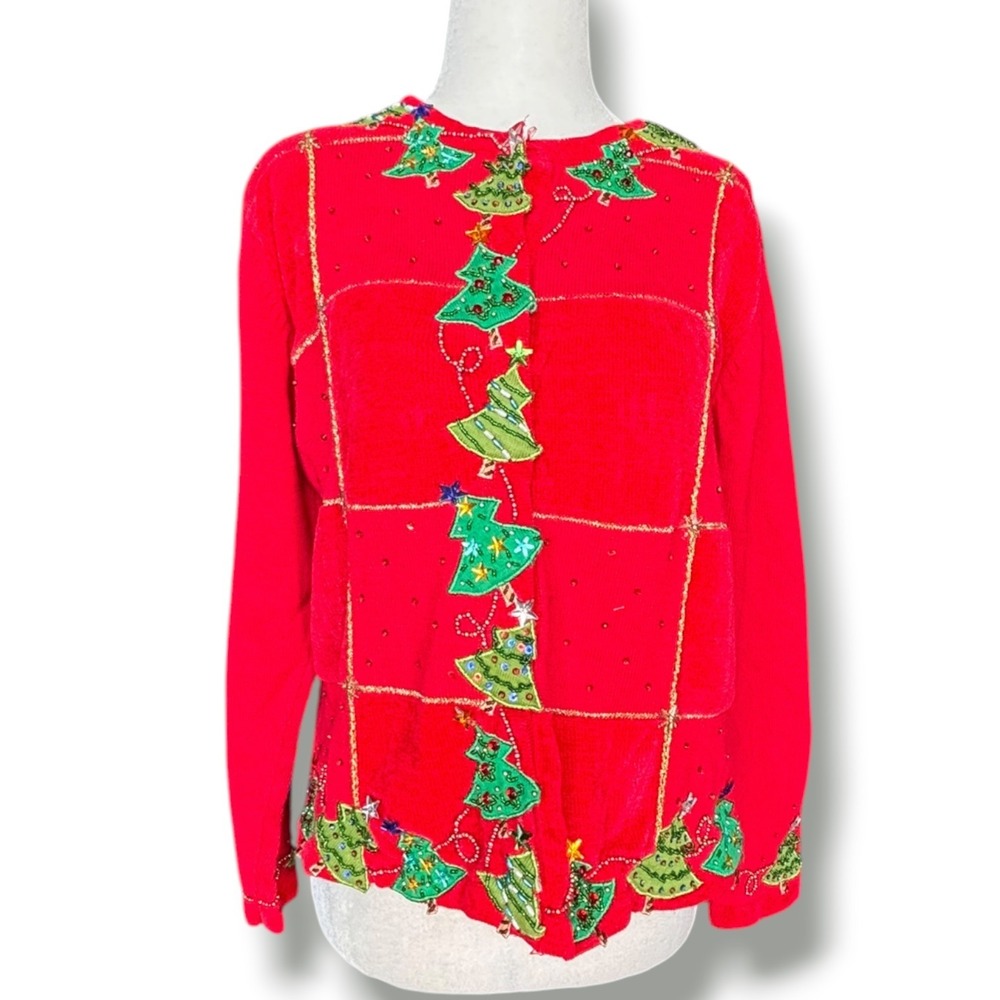 Vintage Jack B Quick Red Christmas Tree Cardigan Sweater Beaded Sequin Holiday